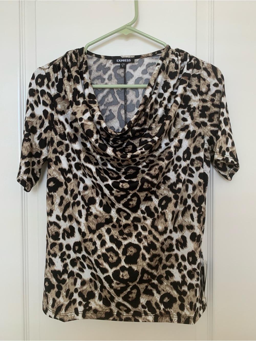 EXPRESS Leopard Cowl Neck Short Sleeve Tee Size S Neutral Print NWT
